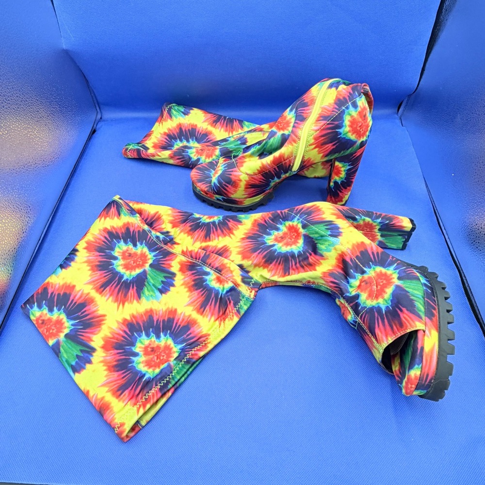 Tie Dye Thigh High Boots Open Toe Block Heel 10 Rainbow Lug Sole Halloween Drag